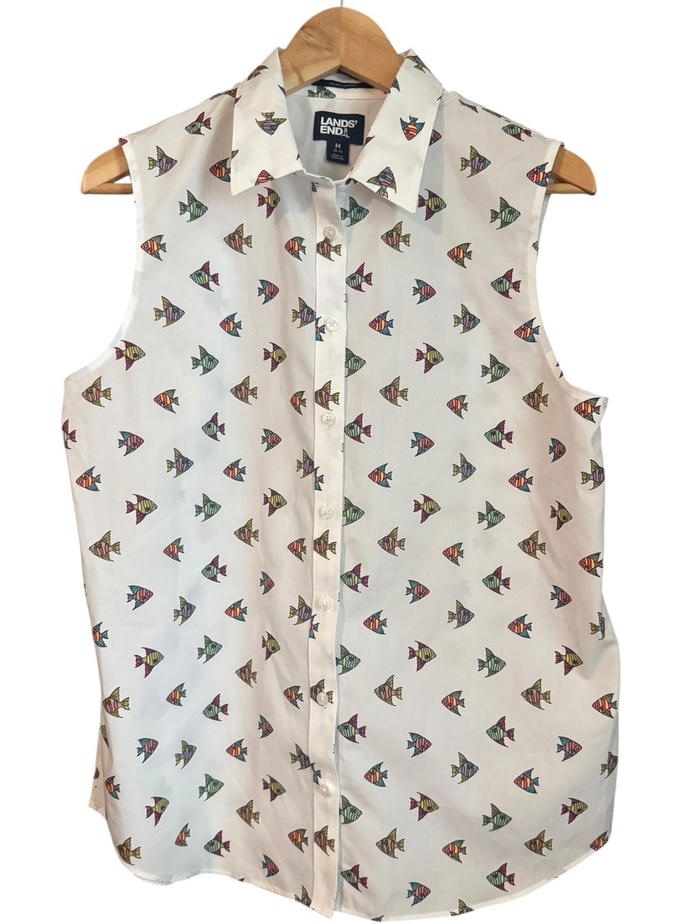 Lands' End Tropical Fish Print No Iron Supima Sleeveless Button-Front Top NWOT